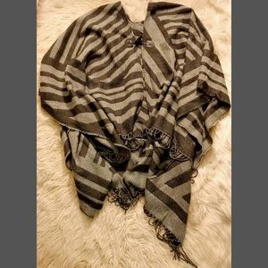 Charcoal Gray and Black Poncho with Button clasp